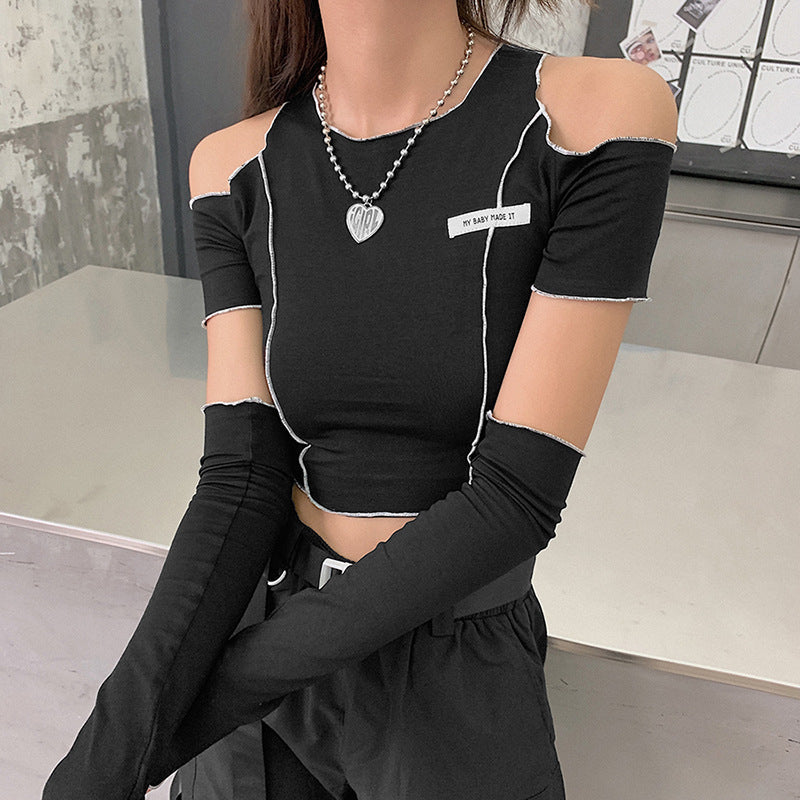 Women's Autumn And Winter Fashion Labeling Slim Round Neck Off-the-shoulder Short T-shirt For Women