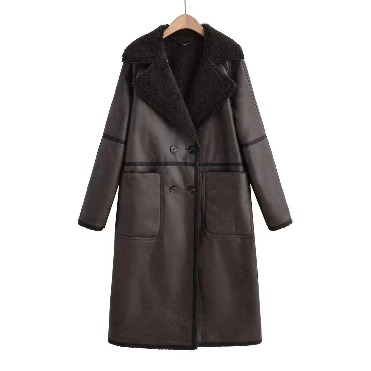 Autumn And Winter New Pairs Of Stand Collar Lapel Coat Maillard Wear Composite Leather Plush