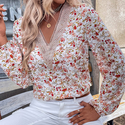 Loose Lace V-neck Chiffon Shirt For Women 2023 Autumn New Floral Printed Long-sleeved Top Women