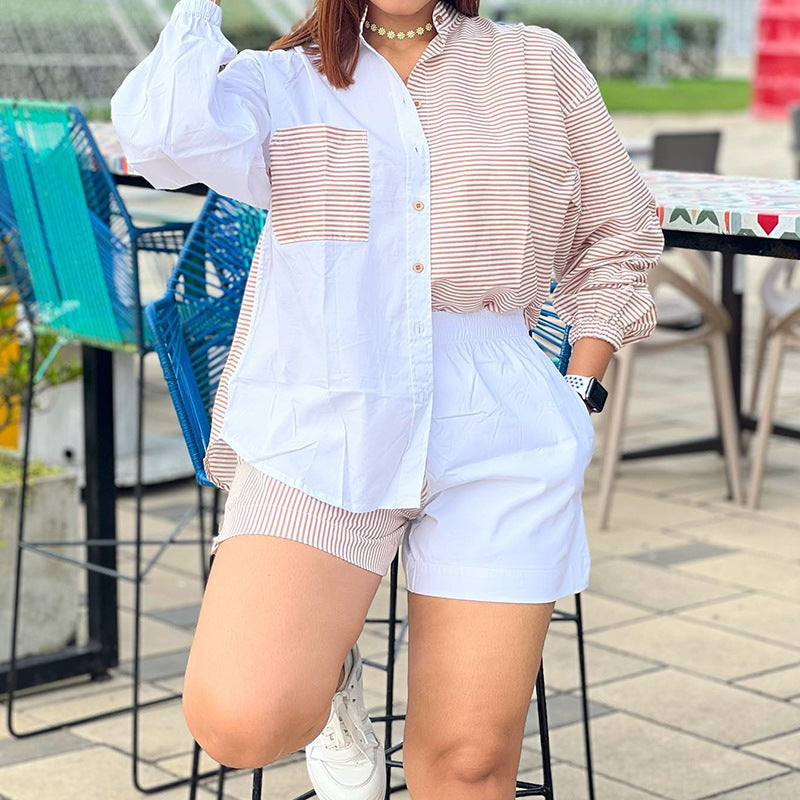 Women's Fashion Casual Loose-fitting Striped Long Sleeves Shirt Wide Leg Shorts Suit