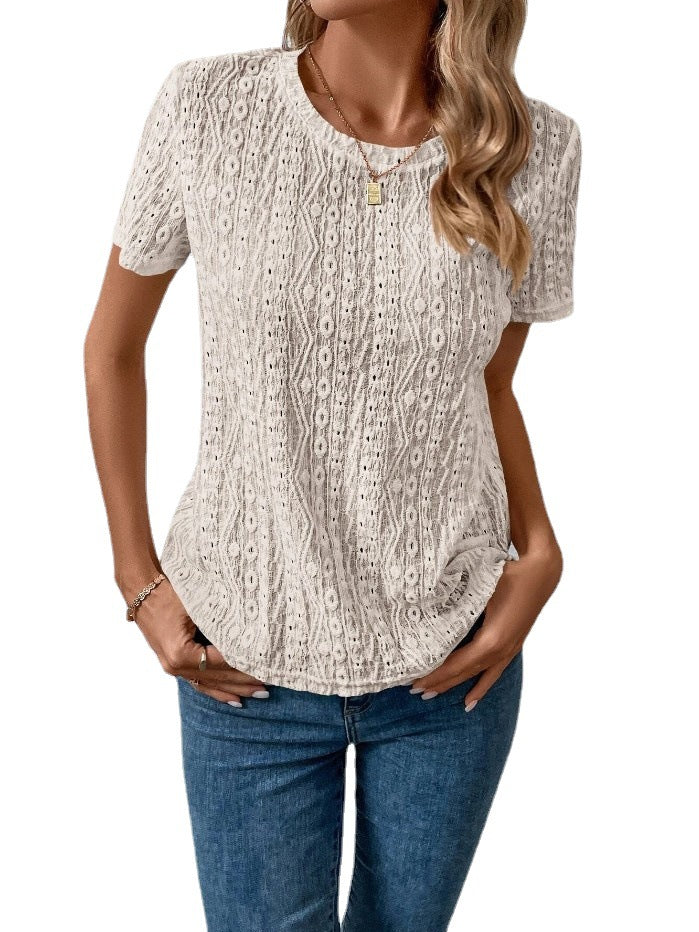 Hollowed Leisure Solid Color Round Neck T-shirt For Women