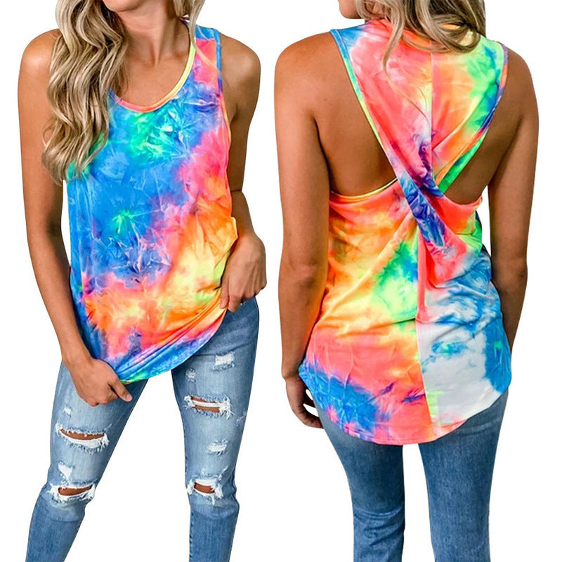 T-shirt Fashion Round Neck Sleeveless Printing And Dyeing Twisted Top For Women