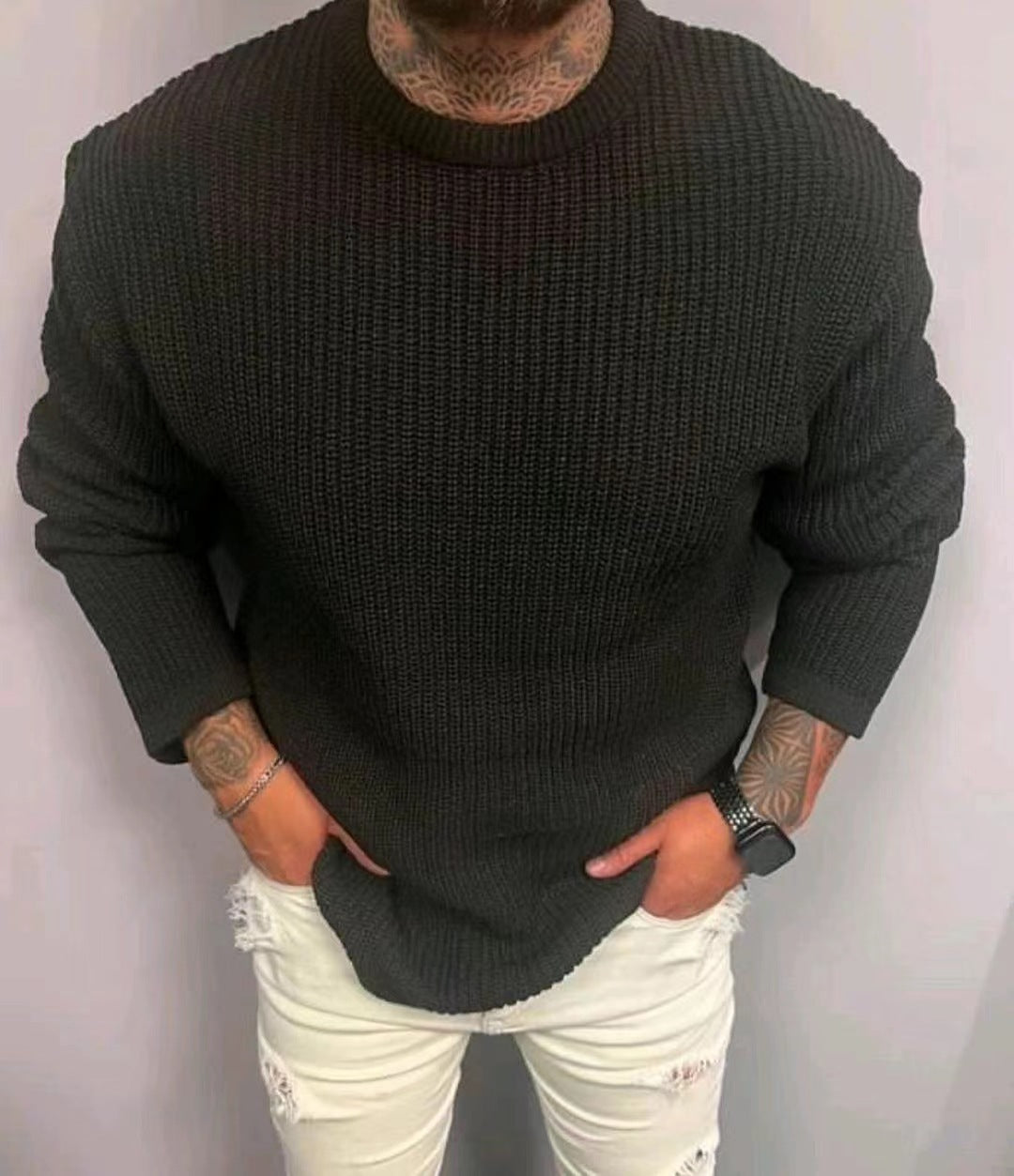 Men's Solid Color Waffle Round Neck Pullover