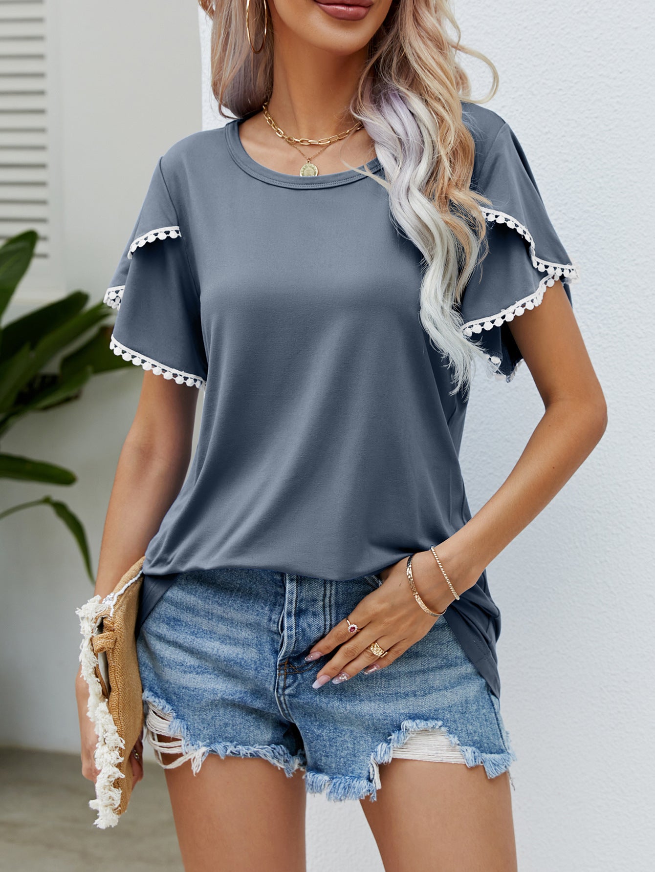Round Neck Tassel Tulip Sleeve T-shirt Casual Top For Women