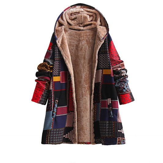 Autumn And Winter New Ethnic Style Cotton-padded Coat Hooded Cotton Jacket Fleece-lined Baggy Coat
