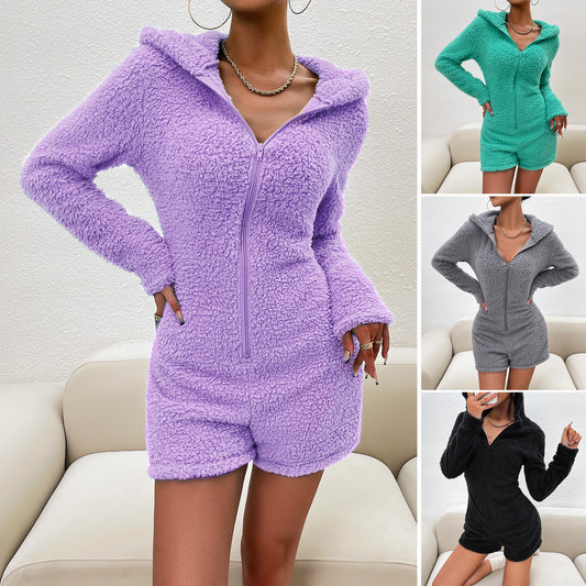 Women's Fashion Temperament Leisure Solid Color Long-sleeved Top One-piece Shorts