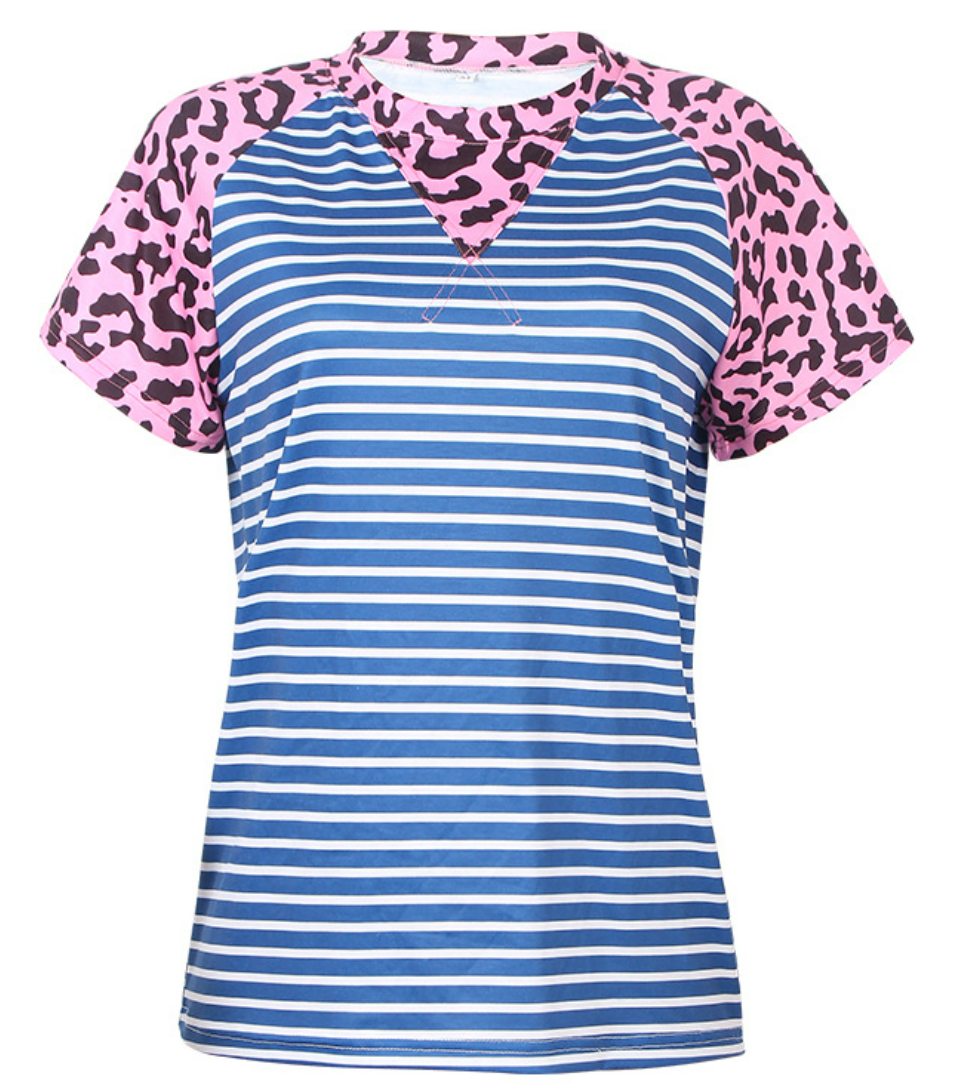 Printed Striped Stitching Short-sleeved Casual Top T-shirt For Women