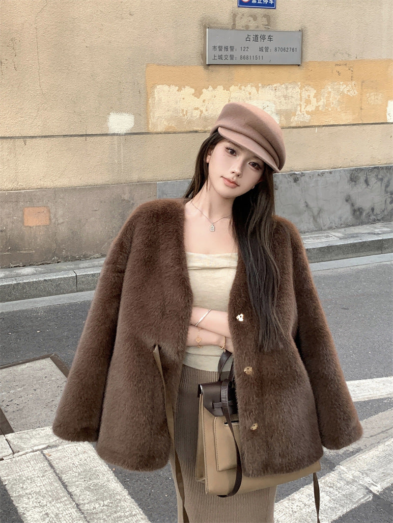 Women's Fur Lace Coat V-neck