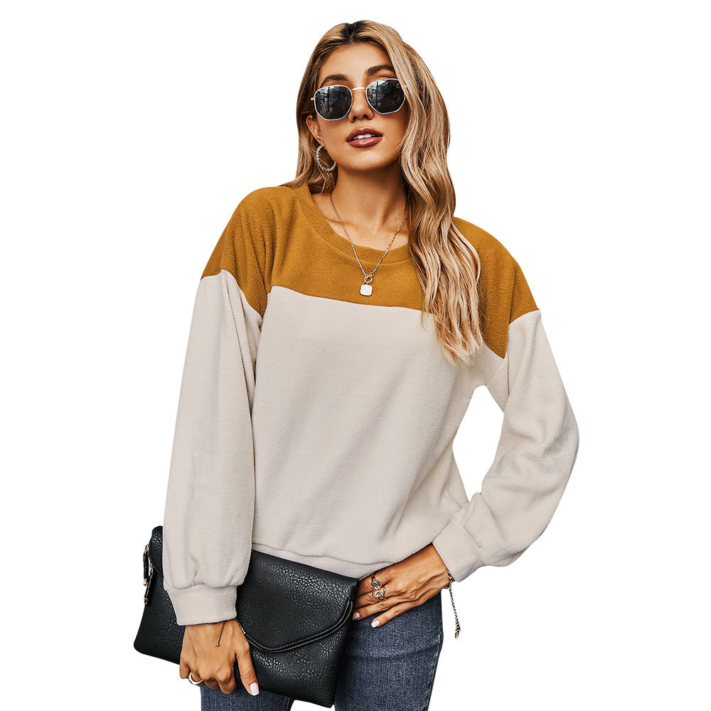 Simple Color Contrast Sweater Long-sleeved T-shirt For Women