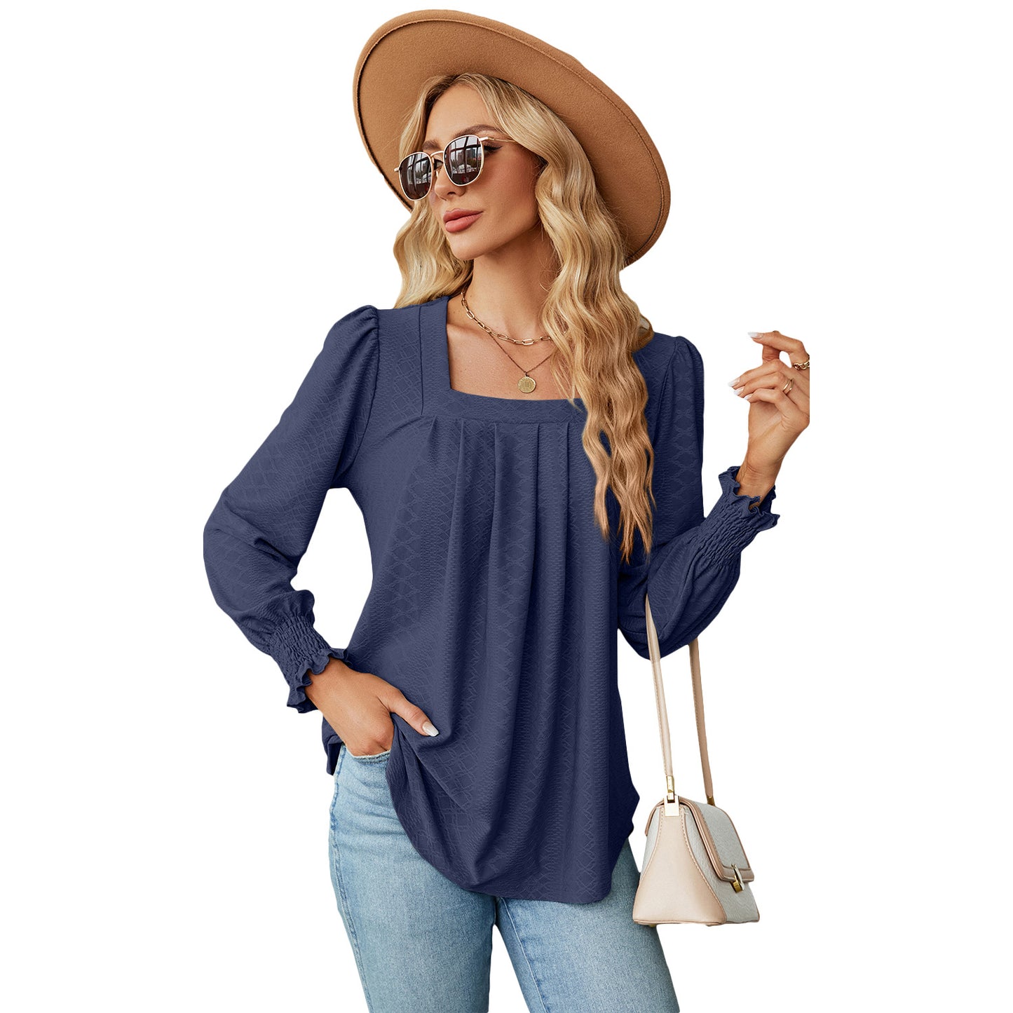 Jacquard Pleated Square Collar Long Sleeve Swallowtail Solid Color T-shirt For Women