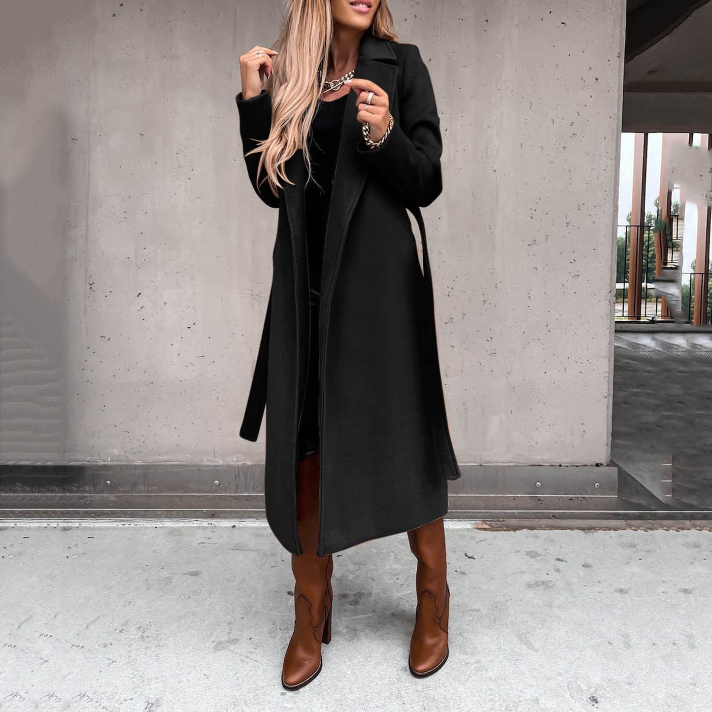 Women's Clothing Solid Color Polo Collar Long-sleeved Woolen Coat