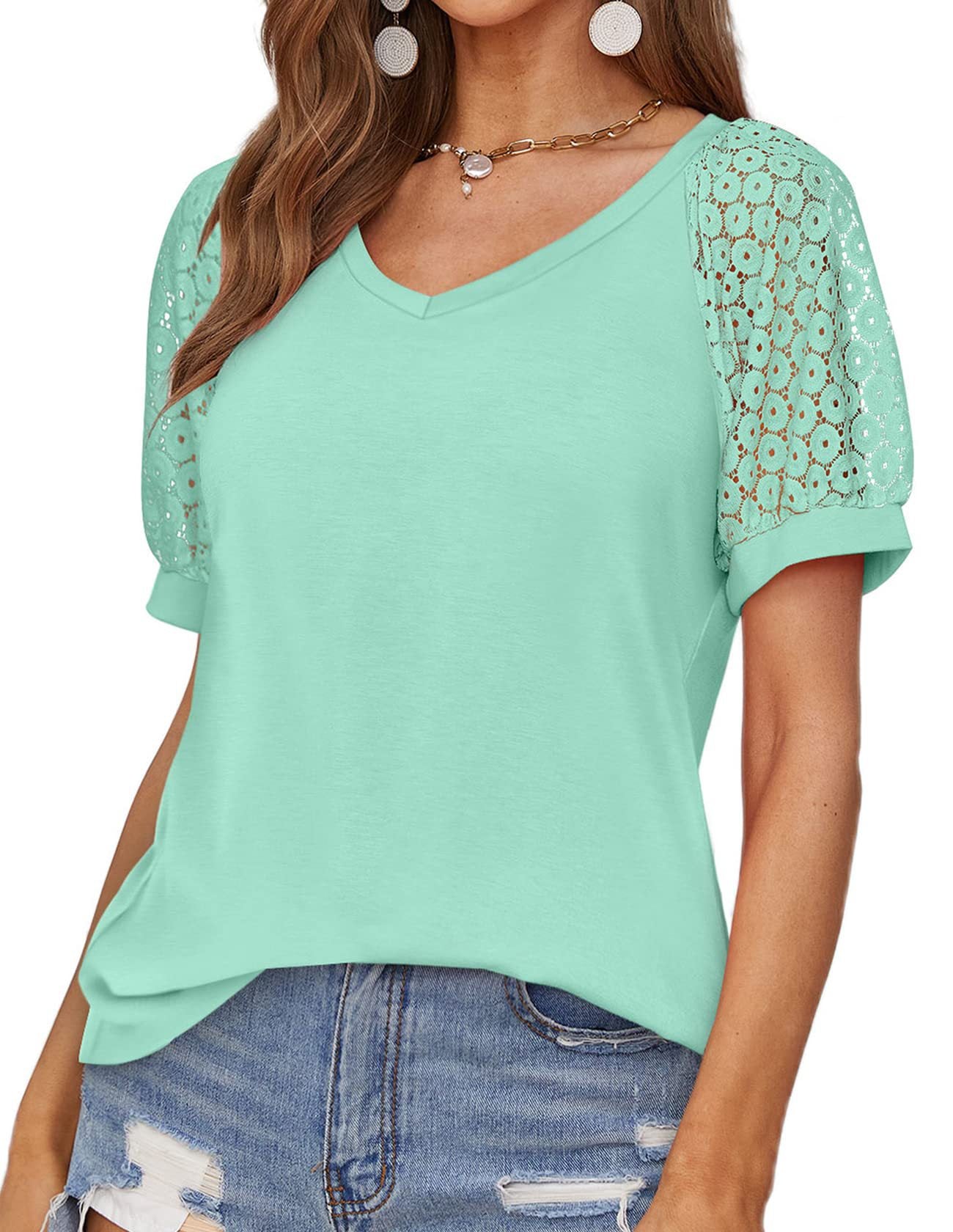 V-neck Lace Stitching Casual T-shirt For Women