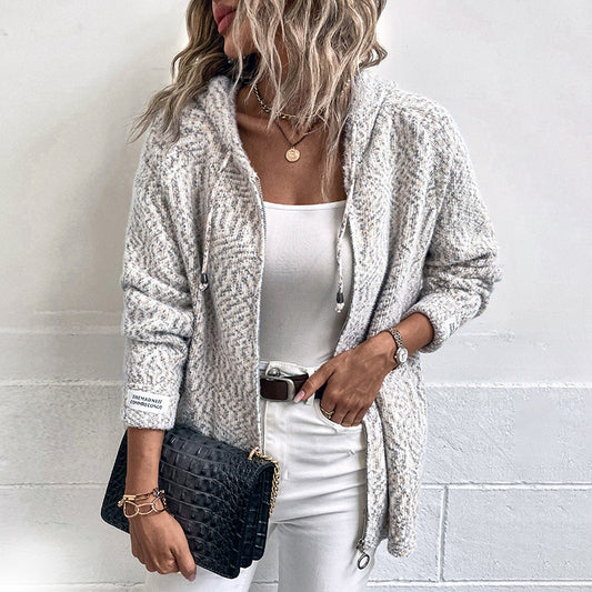 Women's Fashion Casual Hooded Drawstring Zipper Sweater