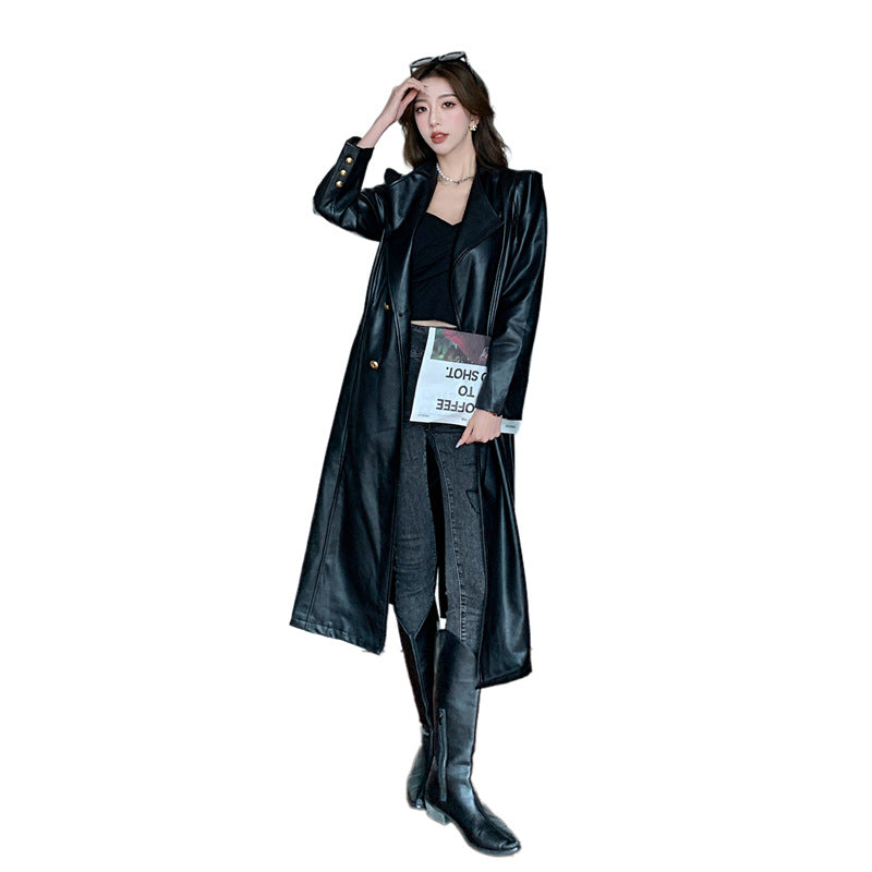 Fashionable Elegant Leather Coat Trench Coat For Women Lace-up Waist-controlled Long-cut Coat