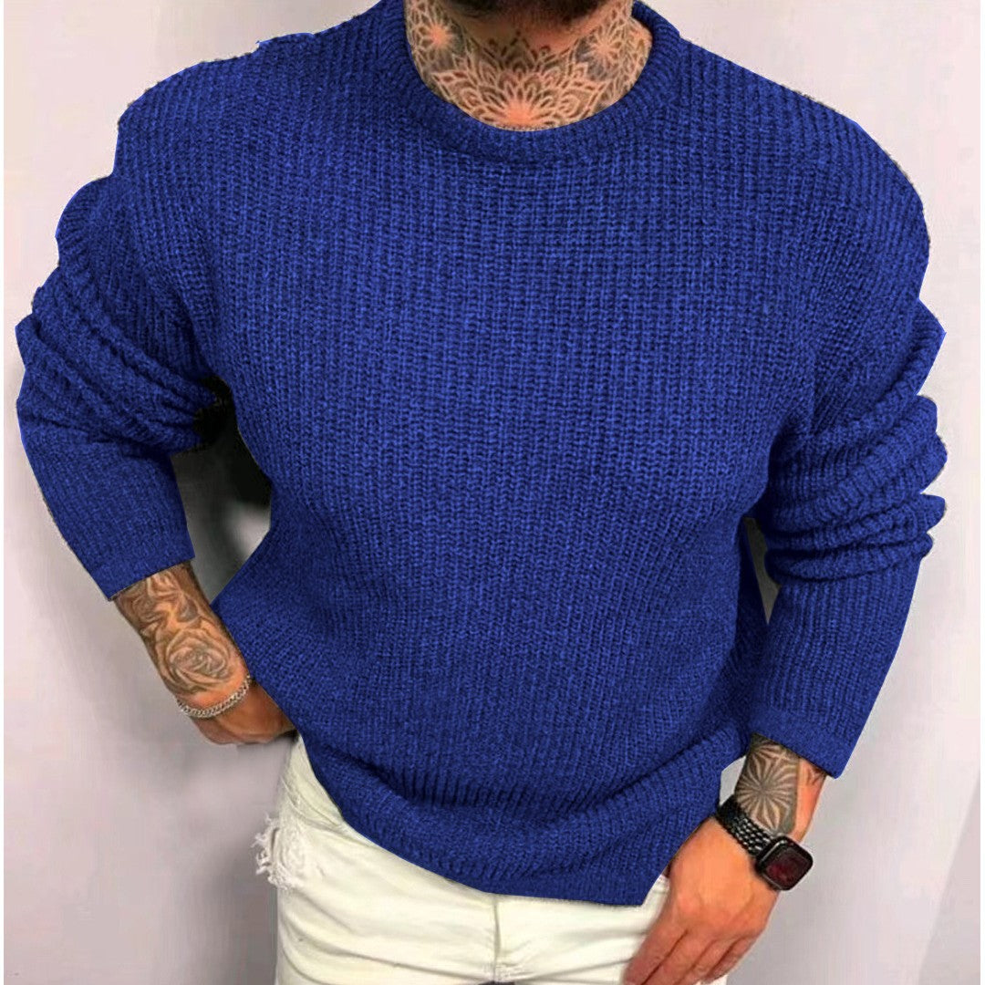 Men's Solid Color Waffle Round Neck Pullover