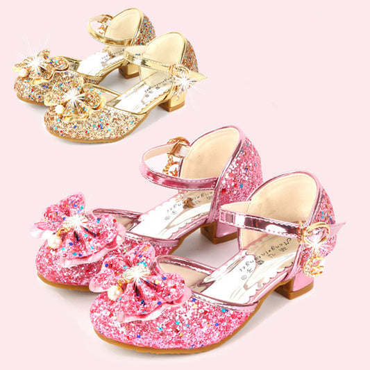 Four Seasons Children's Shoes Girls High Heel Shoes Little Princess Performance Leather Shoes Silver Children Pumps Middle And Big Children Catwalk Crystal Shoes