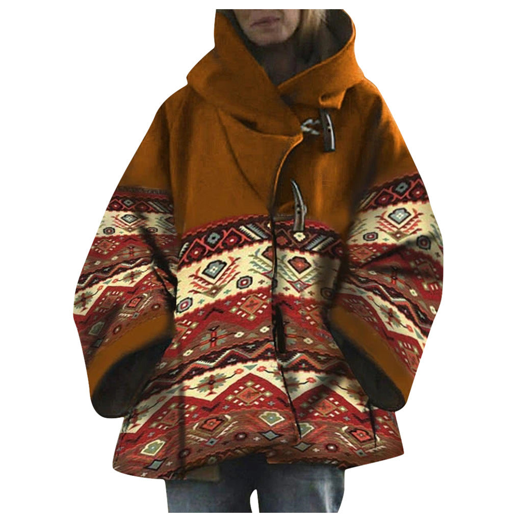 Winter New Women's Loose Retro Printed Woolen Coat