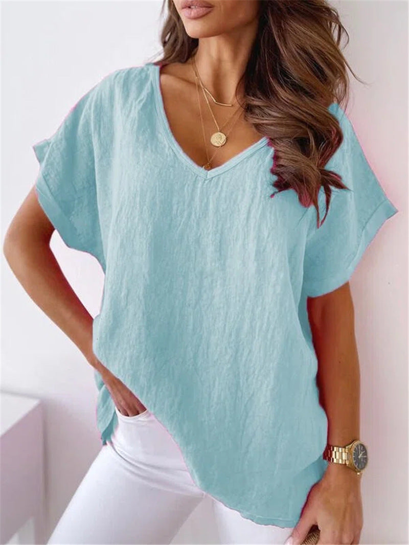 Solid Color Cotton And Linen Short-sleeved V-neck Shirt T-shirt For Women
