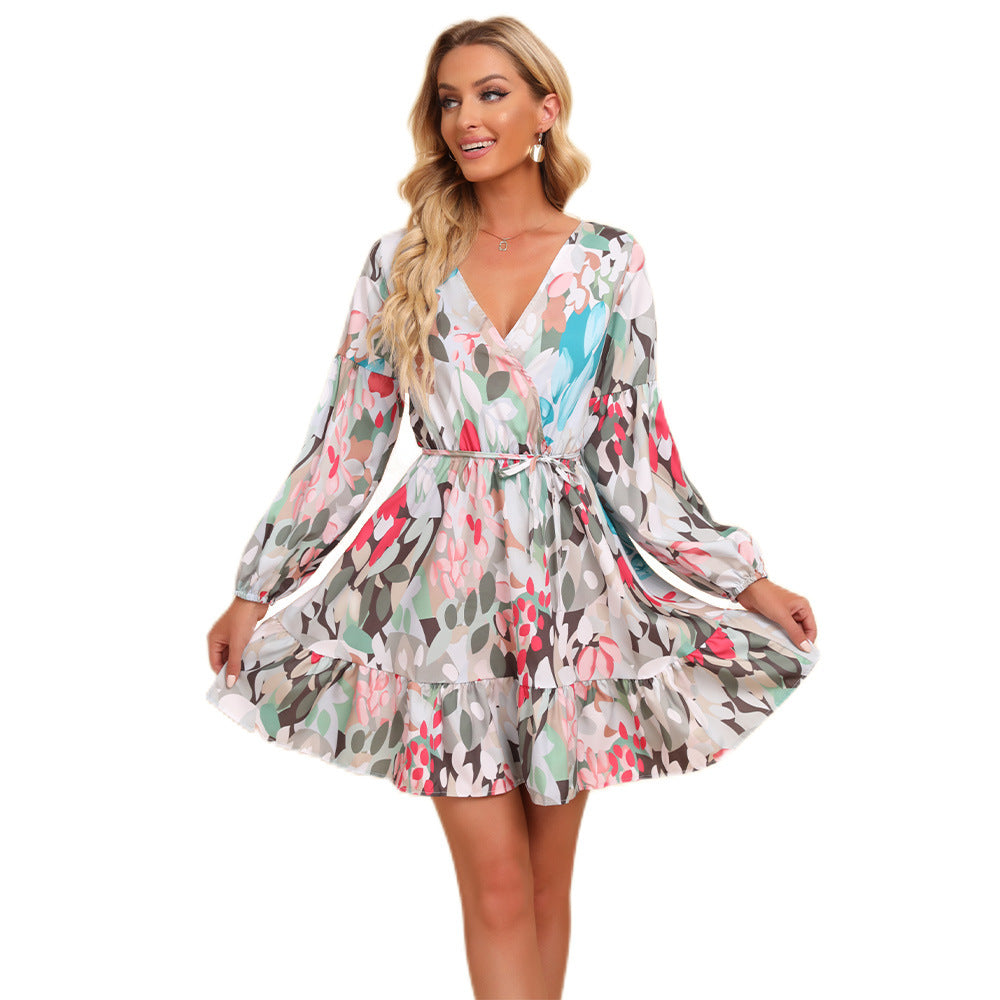 Bohemian Style V-neck Printed Lace-up Long Sleeve Women's Dress