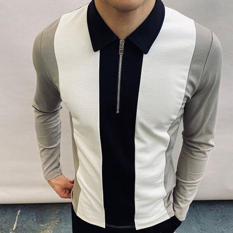 Men's Colorblock Zipper Lapel Long Sleeve T-shirt Slim Polo Shirt T-shirt