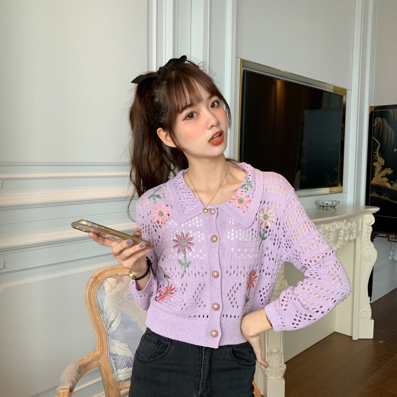 Thorn Hollow Embroidered Flower Lapel Single Breasted Long Sleeve