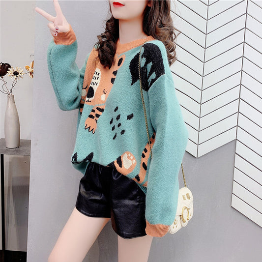 Cashmere Sweater College Style Korean Style Loose And Lazy Style Round Neck Top