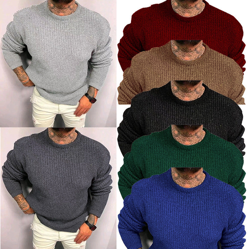 Men's Solid Color Waffle Round Neck Pullover