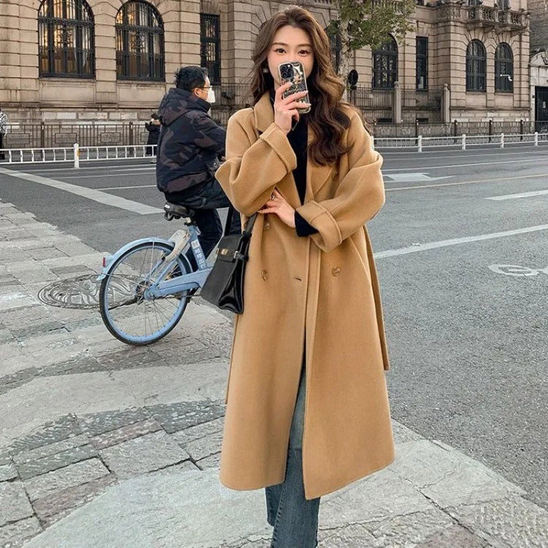 Women's Fashion Loose Lace-up Solid Color Wool Coat