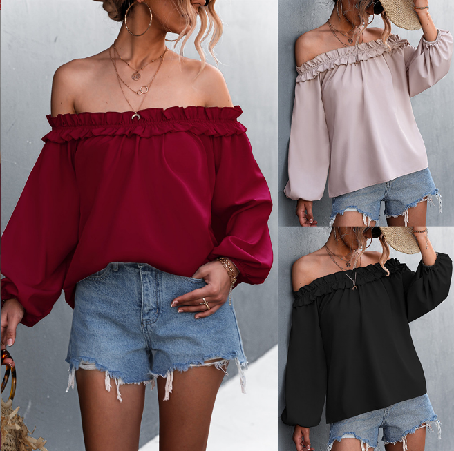 Solid Color Sexy Off-the-shoulder Lantern Sleeve T-shirt Top For Women