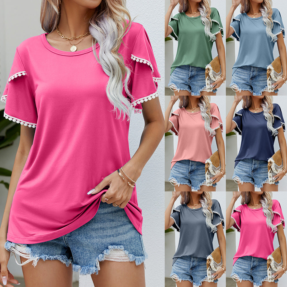 Round Neck Tassel Tulip Sleeve T-shirt Casual Top For Women