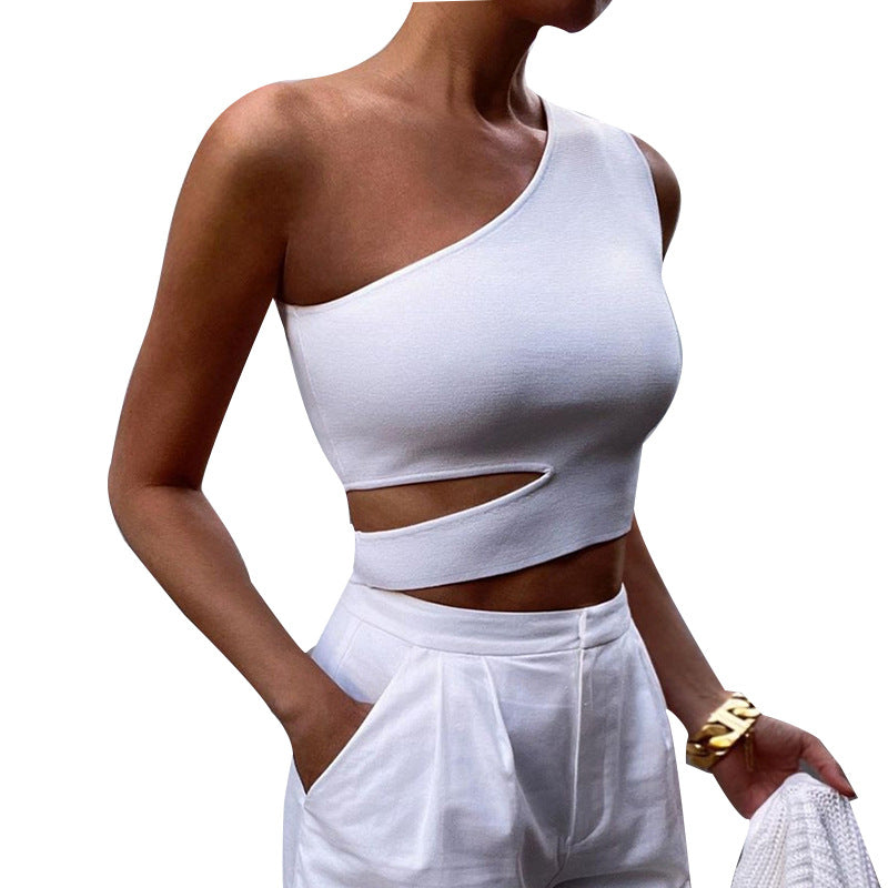 Asymmetric Hollow Sexy Vest Midriff-baring Top Hollow Backless One-shoulder Vest T-shirt For Women