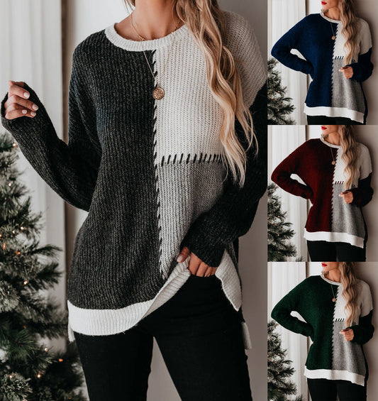 Women's Pullover Contrast Color Round Neck Loose Sweater