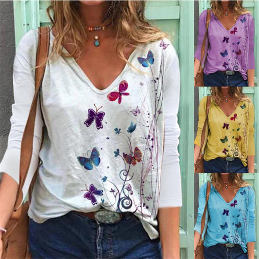Butterfly Printed Long Sleeve V-neck T-shirt For Women