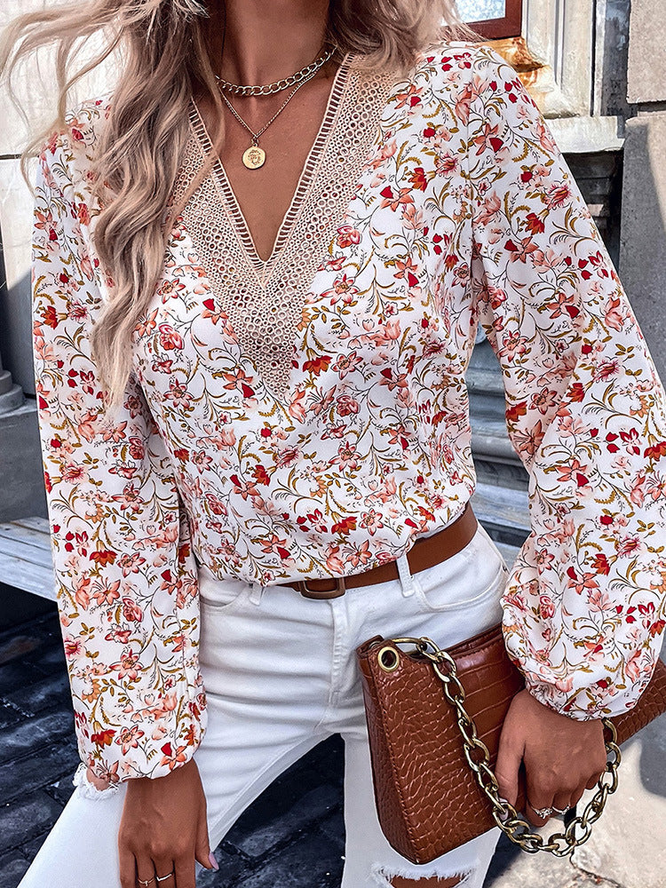 Loose Lace V-neck Chiffon Shirt For Women 2023 Autumn New Floral Printed Long-sleeved Top Women