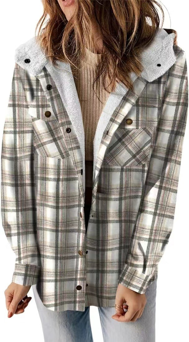 Casual Plaid Hooded Woolen Coat Thickened Fleece-lined Warm Jacket