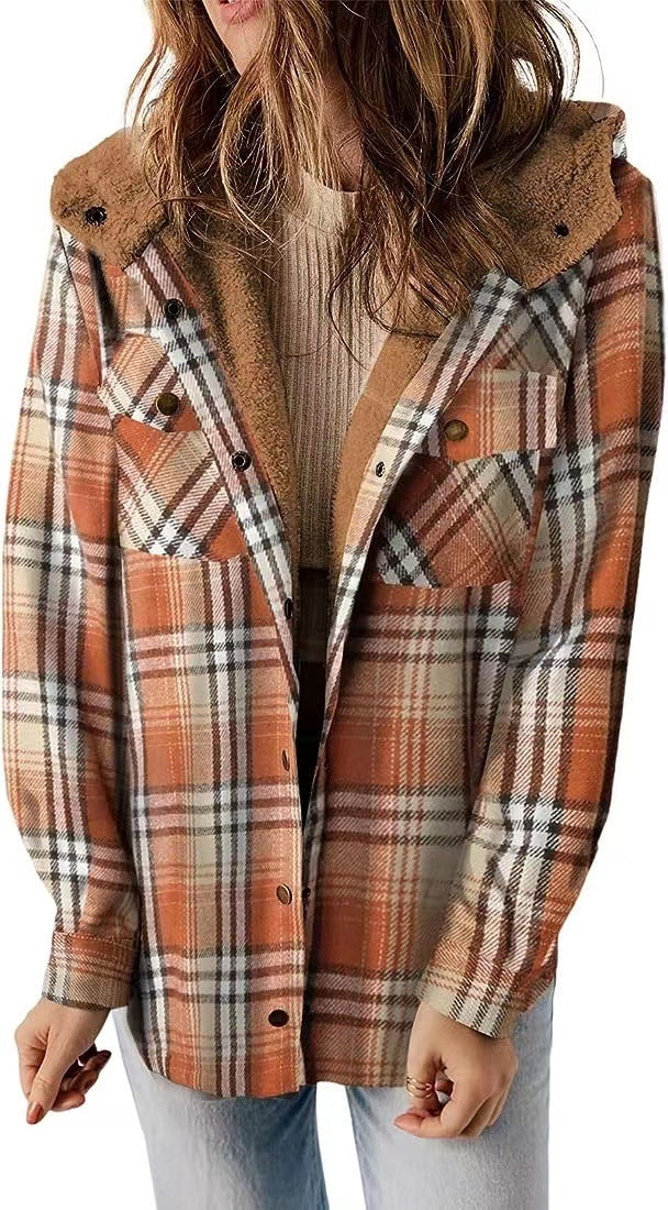 Casual Plaid Hooded Woolen Coat Thickened Fleece-lined Warm Jacket