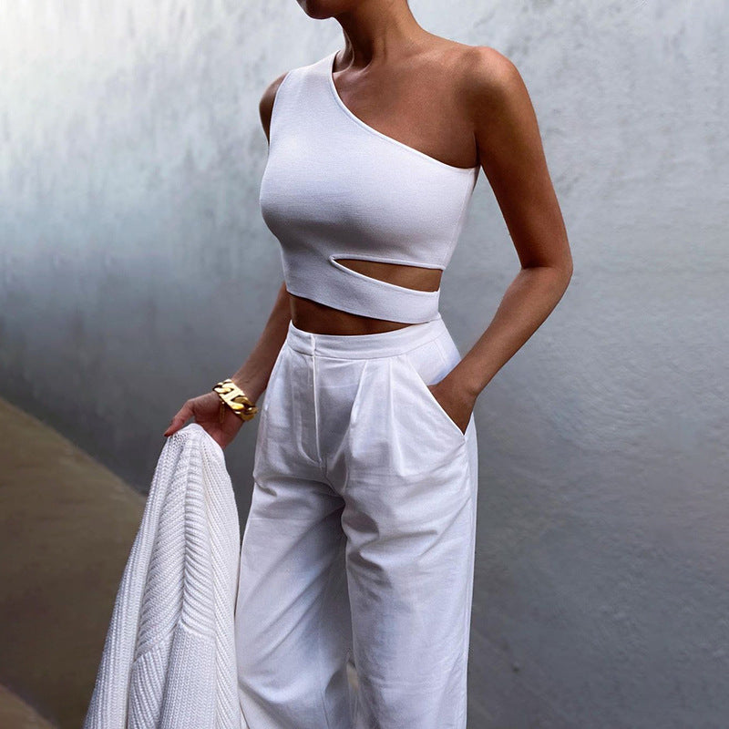 Asymmetric Hollow Sexy Vest Midriff-baring Top Hollow Backless One-shoulder Vest T-shirt For Women