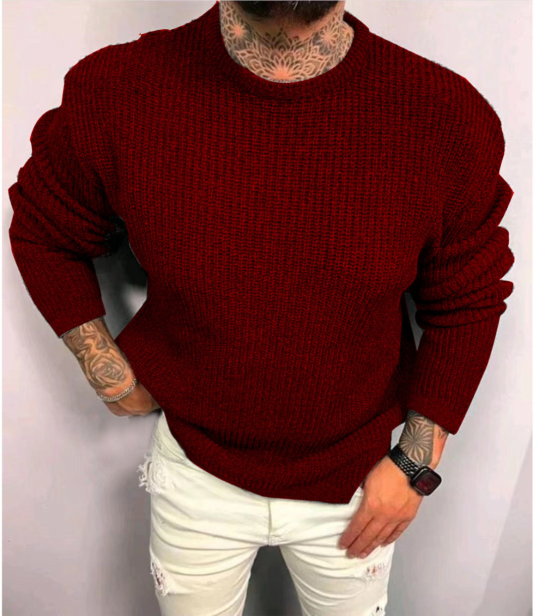 Men's Solid Color Waffle Round Neck Pullover