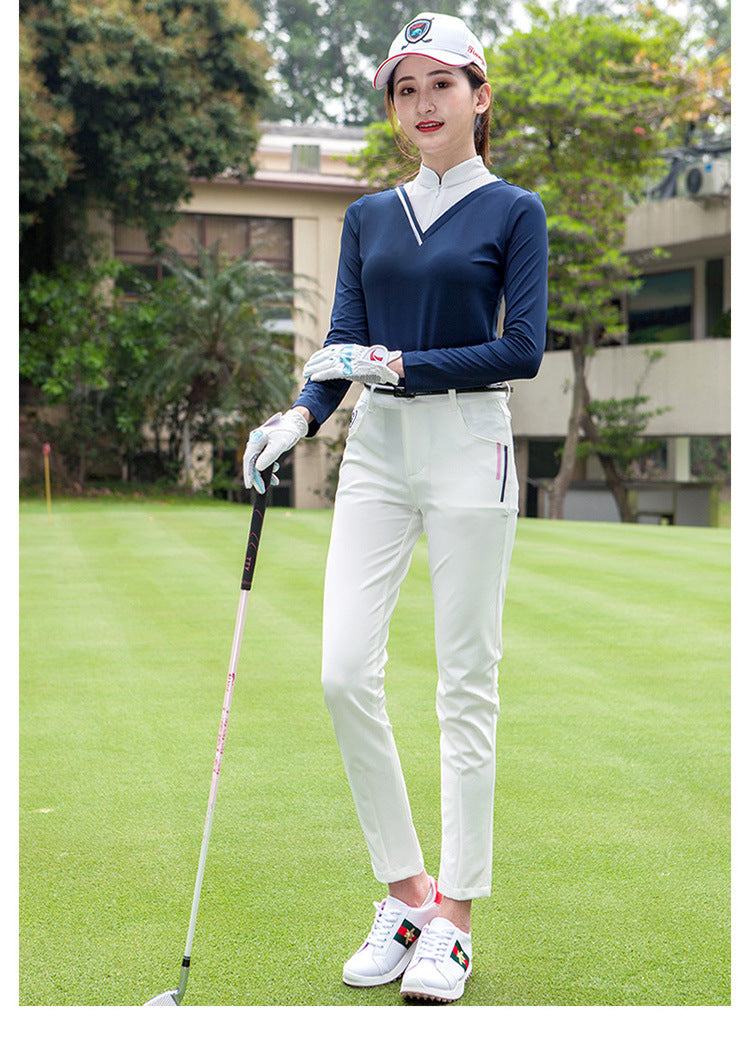 高爾夫女長袖T卹立領防曬韓國修身運動