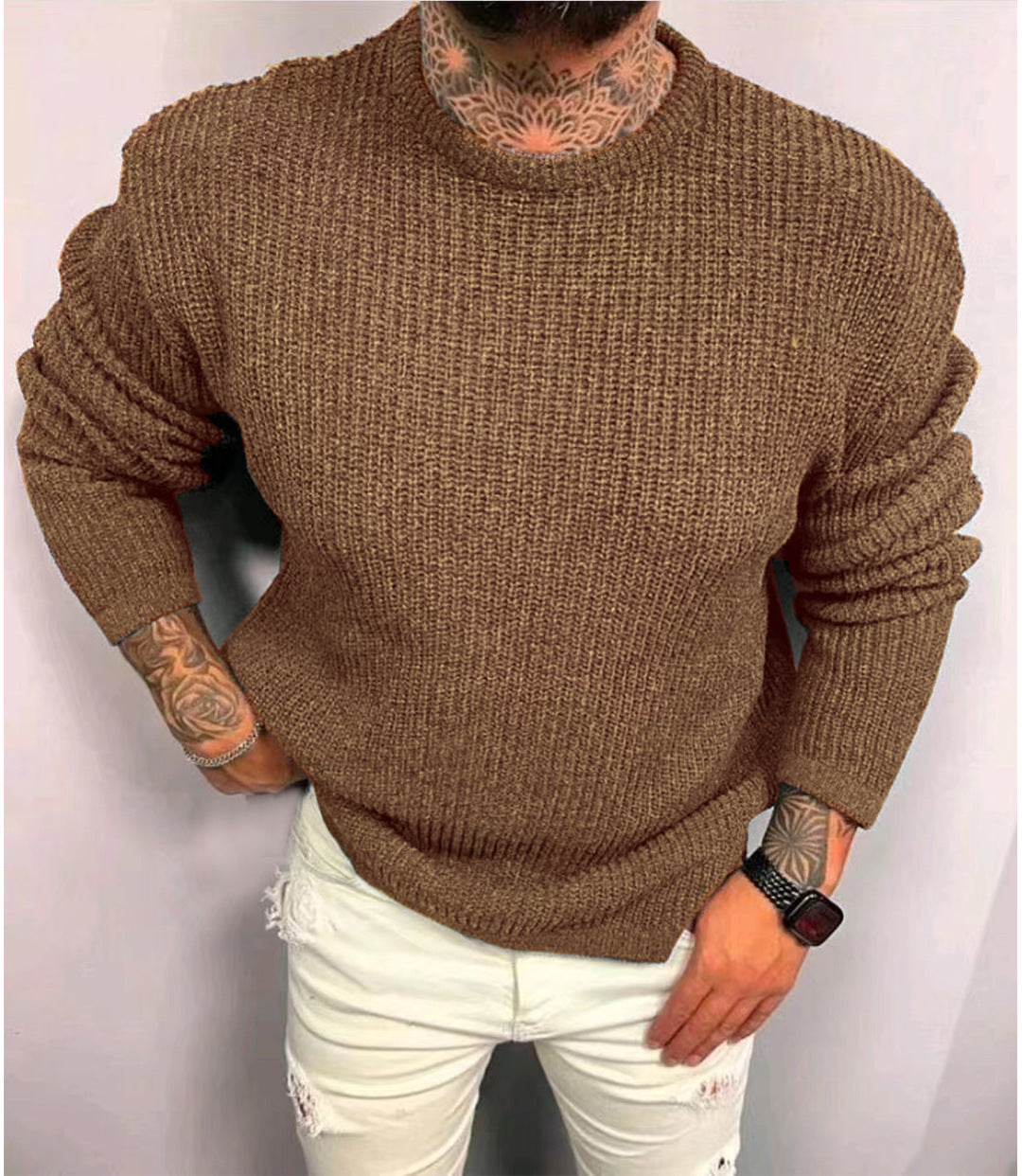 Men's Solid Color Waffle Round Neck Pullover