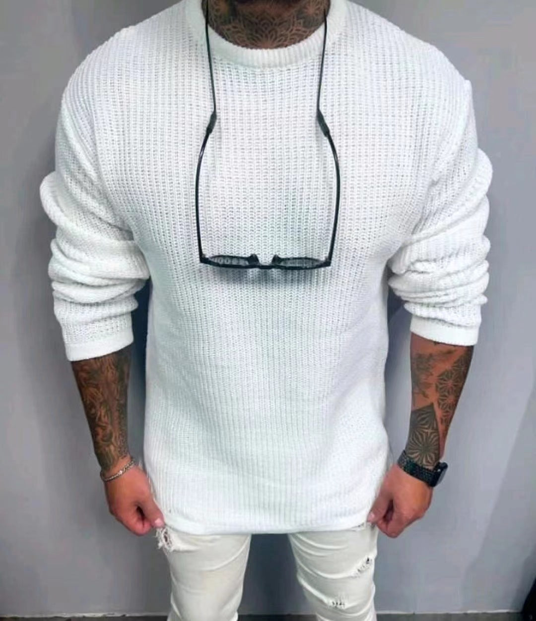 Men's Solid Color Waffle Round Neck Pullover