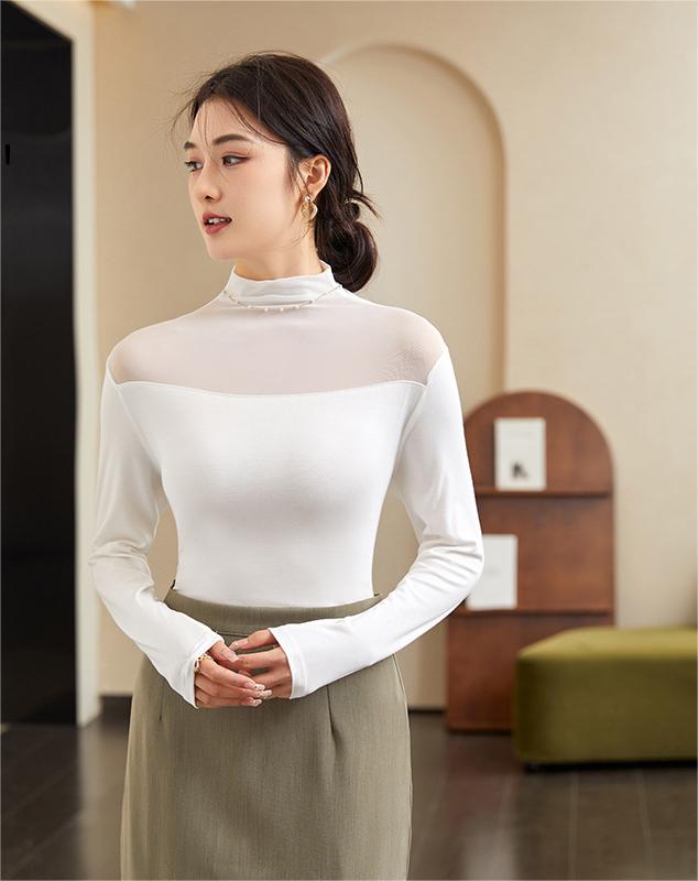 Autumn And Winter Half-high Collar Mesh Thin Transparent T-shirt Lace Top For Women