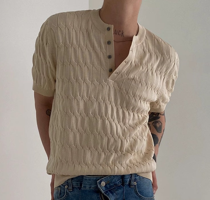 New Solid Color Hemp Pattern Placket Collar Short-sleeved Knitted T-shirt For Men