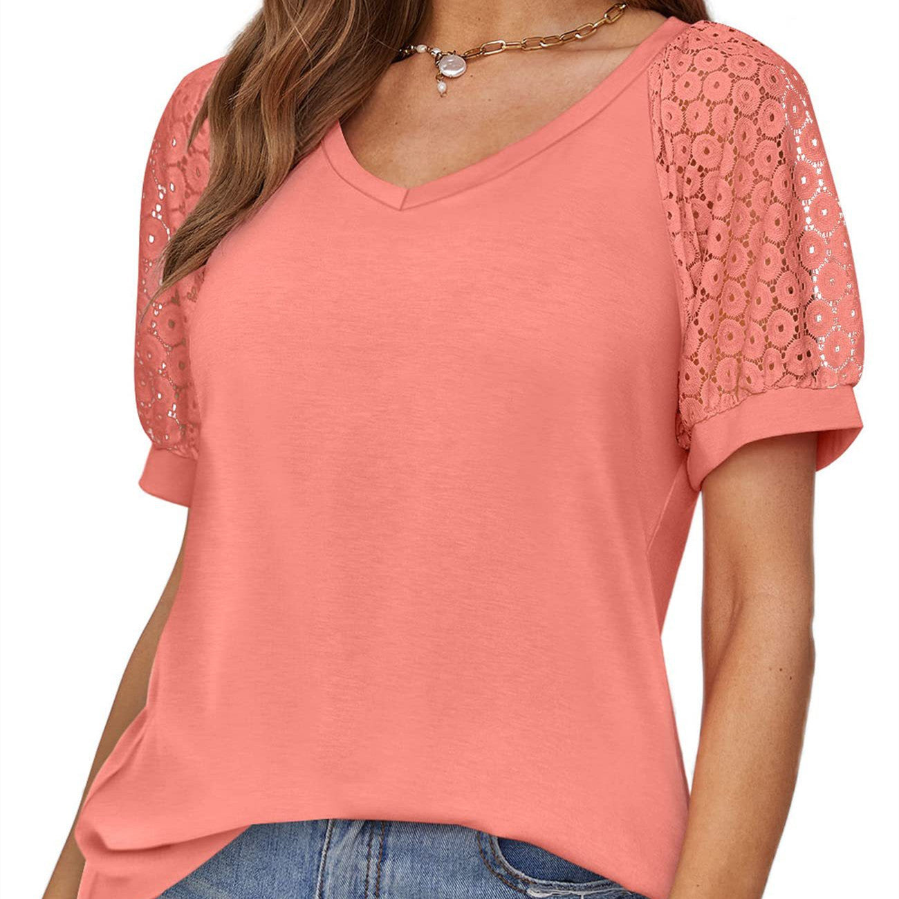 V-neck Lace Stitching Casual T-shirt For Women