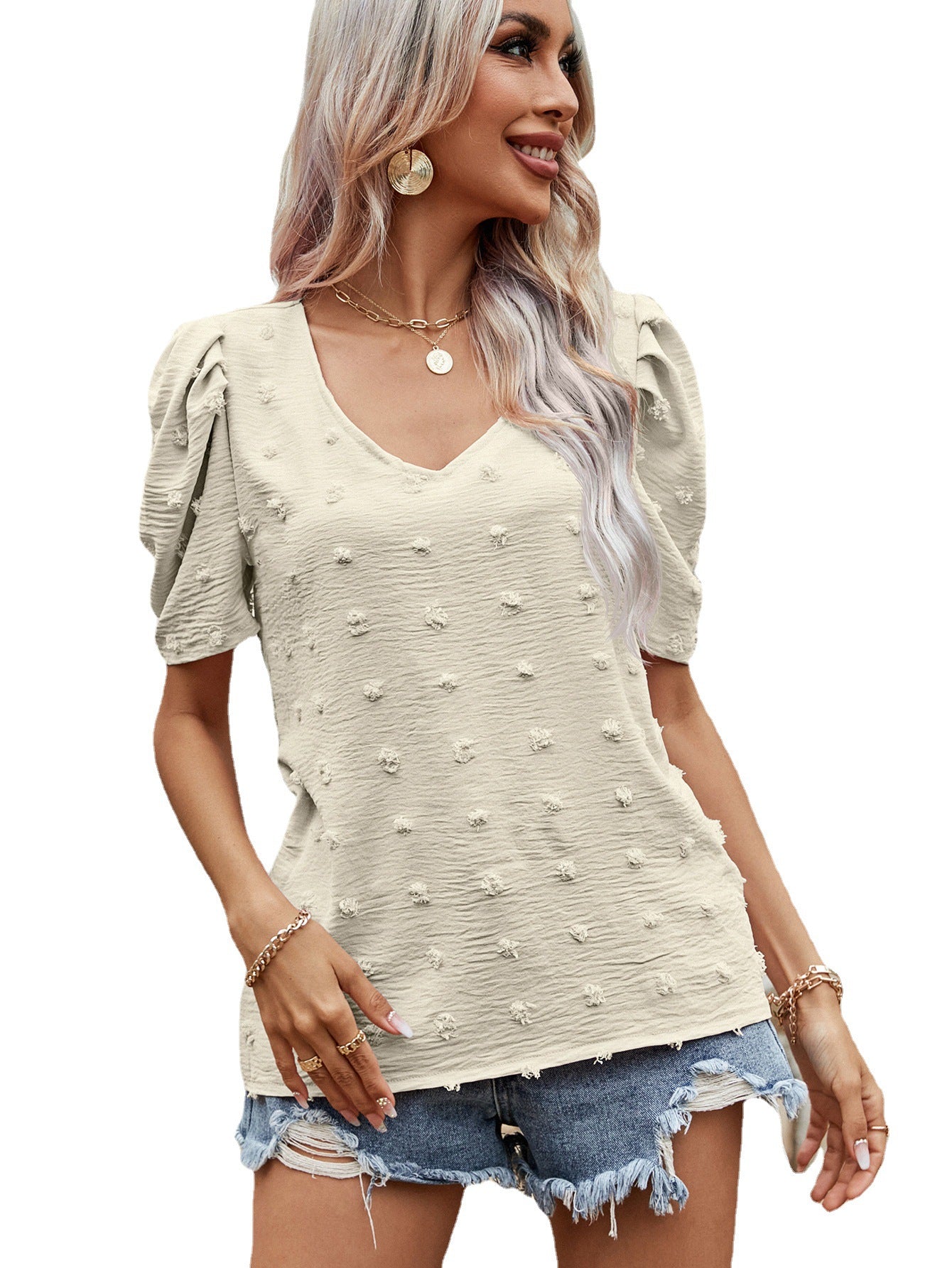 Amazon V-neck Short-sleeve T-shirt For Women Puff Sleeve Casual Top