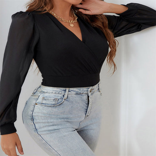 Solid Color Deep V-neck Long Sleeve Top Women's European And American Sexy Slim Fit Figure Flattering Jumpsuit