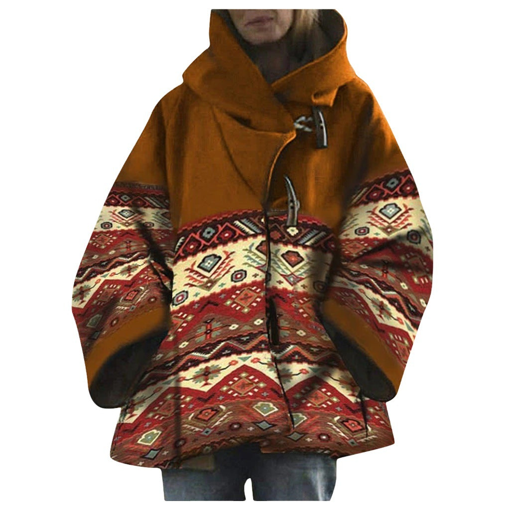 Winter New Women's Loose Retro Printed Woolen Coat