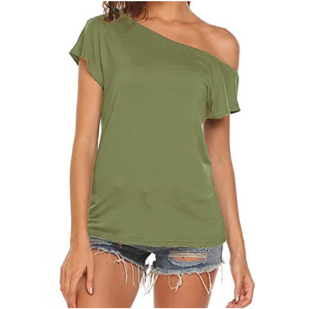 One-shoulder Cold-shoulder Irregular Short-sleeved T-shirt For Women