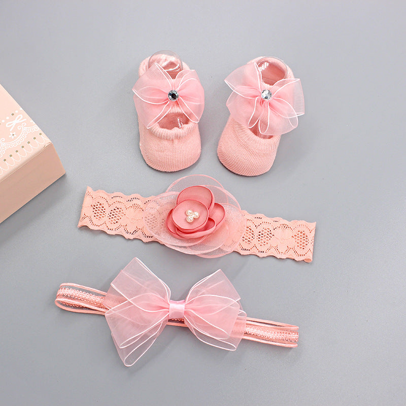 韓國嬰兒髮帶襪子套裝嬰兒蝴蝶結髮帶100天一歲宴會歐美