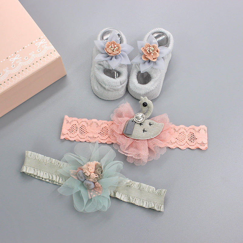 韓國嬰兒髮帶襪子套裝嬰兒蝴蝶結髮帶100天一歲宴會歐美
